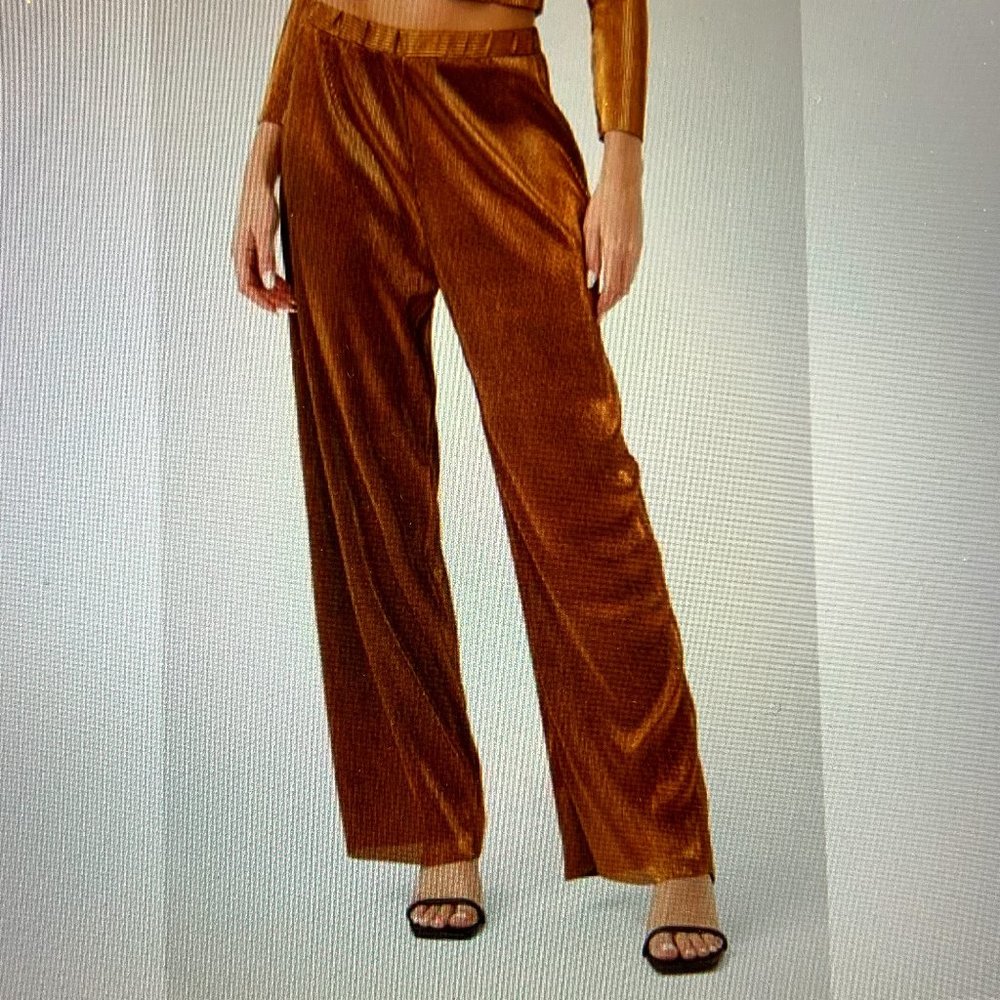 French Connection Taina Metallic Bronze Pleated Jersey Wide Leg Pants Size S